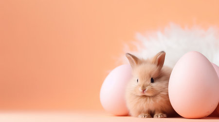 Cute Easter bunny with eggs on peach fuzz color backgroundの素材