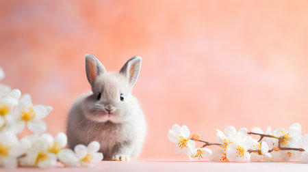 Cute Easter bunny with eggs and spring blossom on peach fuzz color backgroundの素材