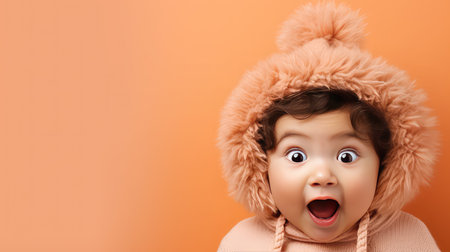 Cute surprised baby girl wearing hood portrait close up peach fuzz colorsの素材