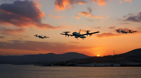 Military drone in the skyの素材