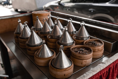 Dim Sum cooking outside cafe in Bangkok Thailandの写真素材