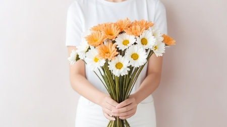 Bunch of flowers in woman's hands close up copy spaceの素材