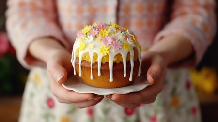 Easter cake in woman's hands close upの素材