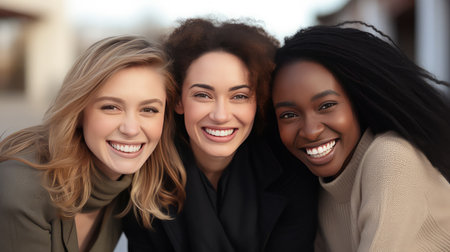 Three girls Asian, European and black portraits smiling close upの素材