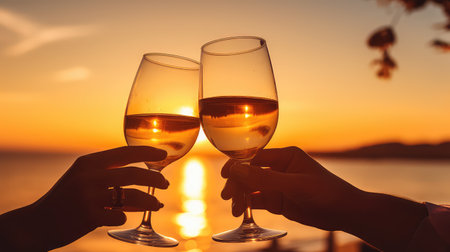 Coupld drinking wine at sunset. Romantic date on the beachの素材
