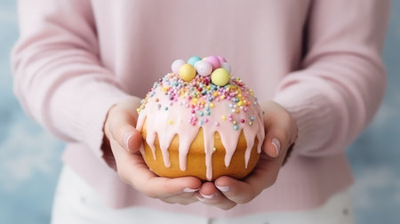 Easter cake in woman's hands close upの素材