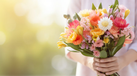 Bunch of flowers in woman's hands close up copy spaceの素材