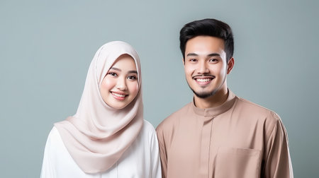 Happy Asian muslim couple family portrait close up copy spaceの素材