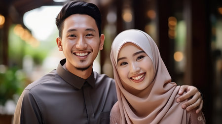 Happy Asian muslim couple family portrait close up copy spaceの素材