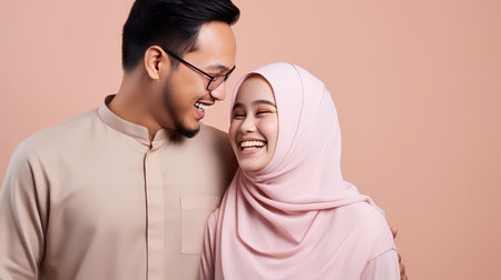 Happy Asian muslim couple family portrait close up copy spaceの素材
