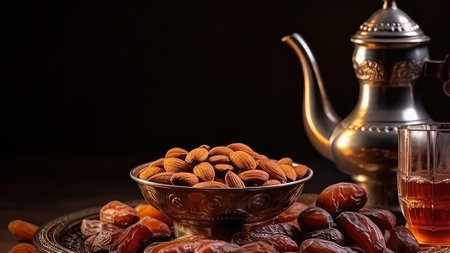 Arabic coffee pot with sweets and dates Happy Ramadanの素材