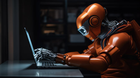 Robot sitted at the table working at computer dark backgroundの素材