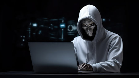 Man wearing mask at computer hacker programmer cyber crimeの素材