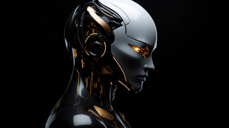 Human looking robot cyborg face dark backgroundの素材