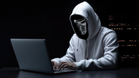 Man wearing mask at computer hacker programmer cyber crimeの素材