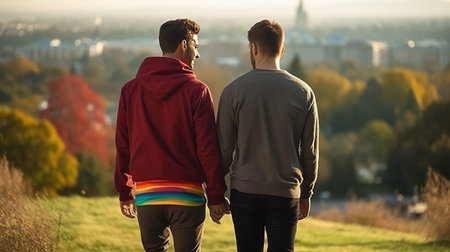 Gay couple back view on autumn day in the parkの素材