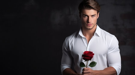 Handsome man holding red rose St. Valentines day Woman's day greetingの素材