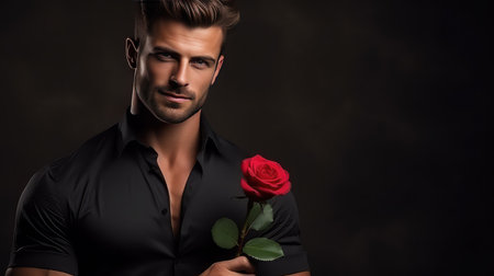 Handsome man holding red rose St. Valentines day Woman's day greetingの素材