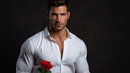 Handsome man holding red rose St. Valentines day Woman's day greetingの素材