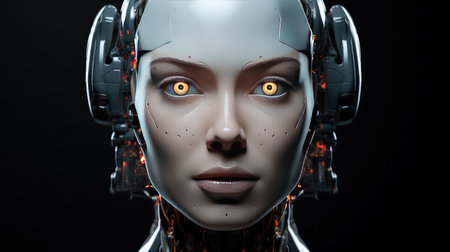 Woman looking robot portrait beautiful cyborg dark background AI generatedの素材