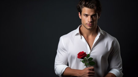 Handsome man holding red rose St. Valentines day Woman's day greetingの素材