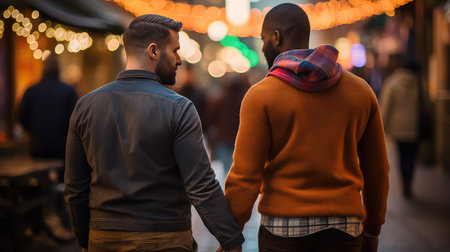 Gay couple on the street holding handsの素材