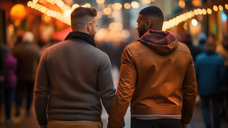 Gay couple on the street holding handsの素材