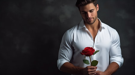 Handsome man holding red rose St. Valentines day Woman's day greetingの素材