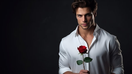 Handsome man holding red rose St. Valentines day Woman's day greetingの素材