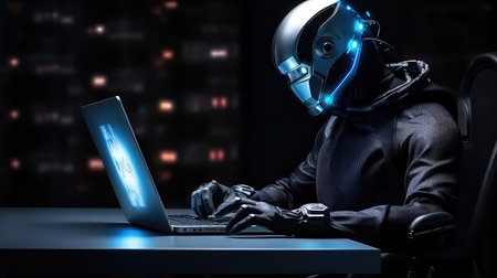 Robot sitted at the table working at computer dark backgroundの素材