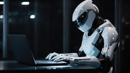 Robot sitted at the table working at computer dark backgroundの素材