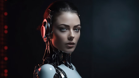 Woman looking robot portrait beautiful cyborg dark background AI generatedの素材