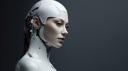 Woman looking robot portrait beautiful cyborg dark background AI generatedの素材