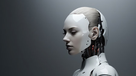 Woman looking robot portrait beautiful cyborg dark background AI generatedの素材