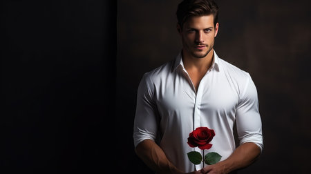 Handsome man holding red rose St. Valentines day Woman's day greetingの素材