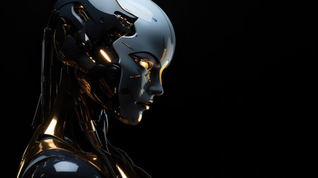 Human looking robot cyborg face dark backgroundの素材