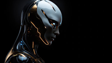 Human looking robot cyborg face dark backgroundの素材