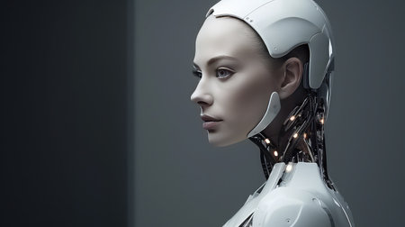 Woman looking robot portrait beautiful cyborg dark background AI generatedの素材