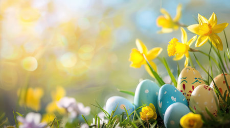 Easter postcard template with eggs and flowersの素材