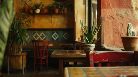Colorful traditional mexican restaurant interior with plants and wooden furnitureの素材