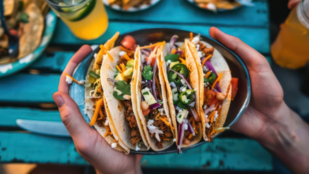 Top view of the table with mexican tacos people eatingの素材