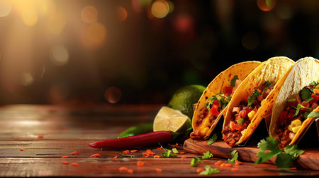 Tacos on the table mexican foos restaurant copy space banner mockupの素材