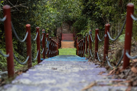 Staircase with colorful stairs view from the top to the bottomの写真素材