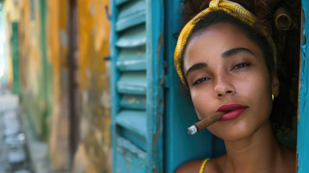 Young Cuban woman smoking cigar portraitの素材