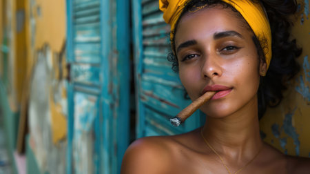 Young Cuban woman smoking cigar portraitの素材