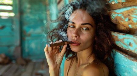 Young Cuban woman smoking cigar portraitの素材