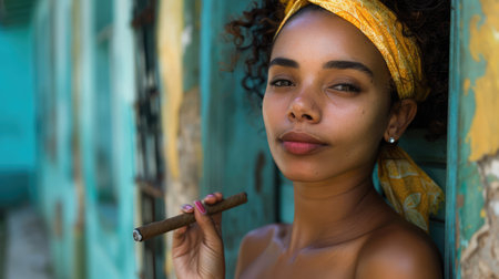 Young Cuban woman smoking cigar portraitの素材