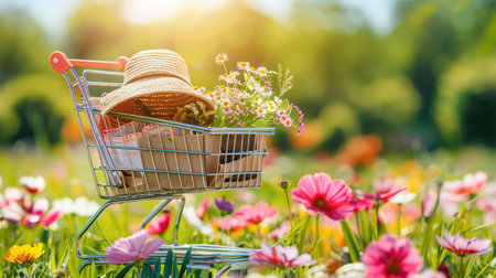 Shopping cart in the blooming field with hat on topの素材