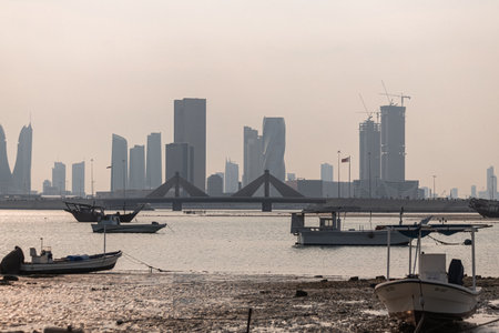 Boats and cityscpae view in the fisherman's bay in Manama Bahrain