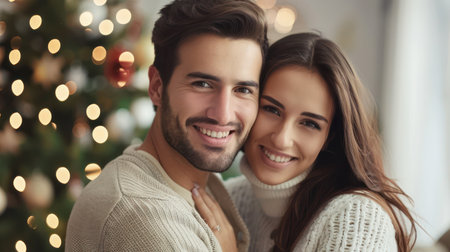 Happy couple hugs smiling portraitの素材